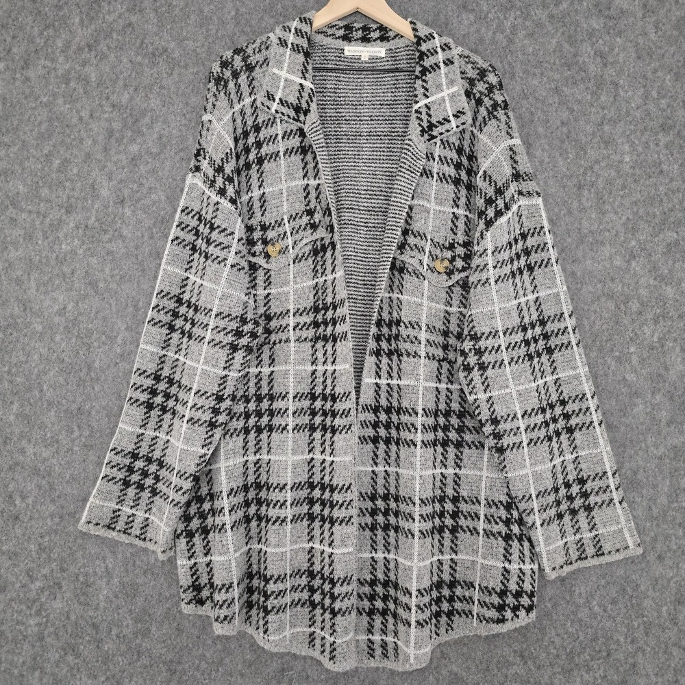 Madison + Hudson Cardigan Sweater Womens 3X Gray Plaid Collared Open Front Knit